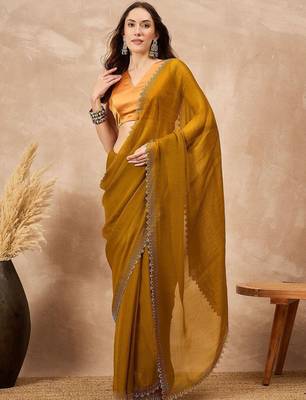Mustard beads and stones satin saree 3