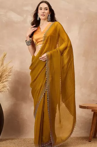 Mustard beads and stones satin saree