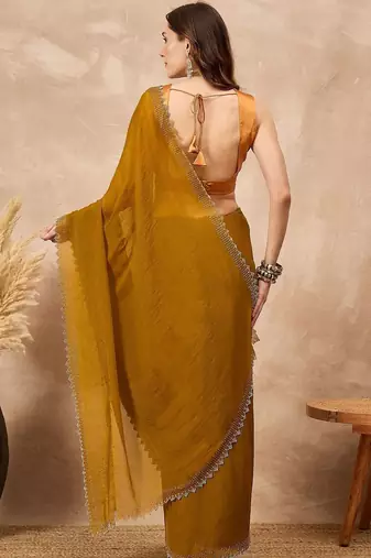 Mustard beads and stones satin saree