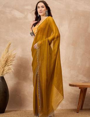 Mustard beads and stones satin saree 5