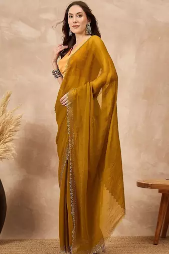 Mustard beads and stones satin saree