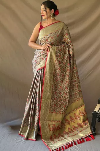 Grey woven design zari patola saree