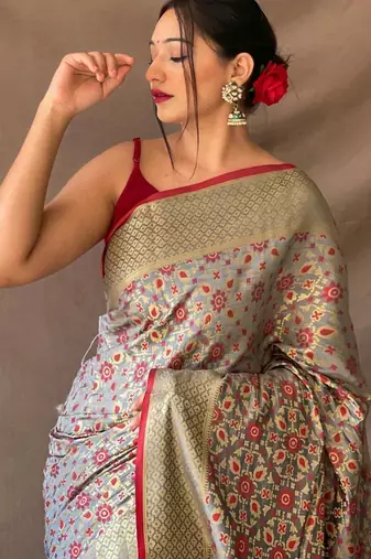 Grey woven design zari patola saree