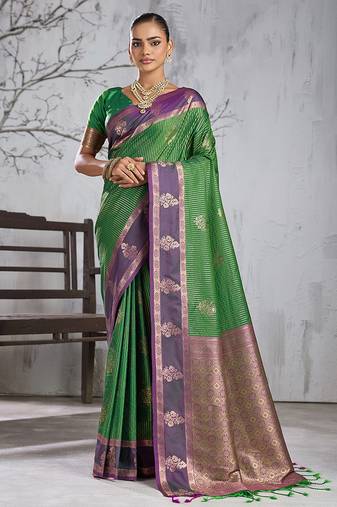 green banarasi silk blend sari with purple border for women festive wedding traditional party wear