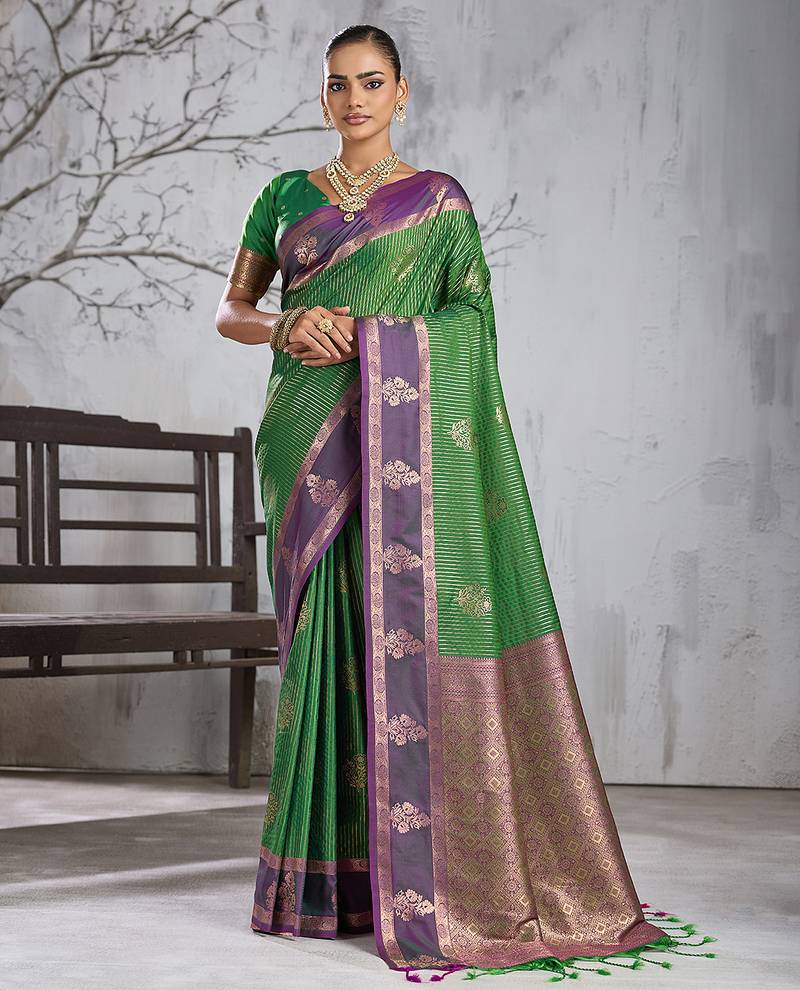 green banarasi silk blend sari with purple border for women festive wedding traditional party wear