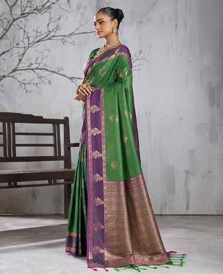 green banarasi silk blend sari with purple border for women festive wedding traditional party wear 2