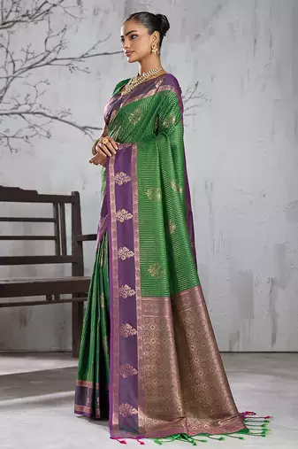 green banarasi silk blend sari with purple border for women festive wedding traditional party wear