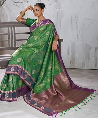 green banarasi silk blend sari with purple border for women festive wedding traditional party wear 4