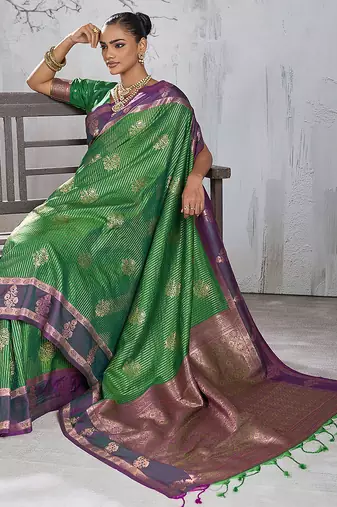 green banarasi silk blend sari with purple border for women festive wedding traditional party wear