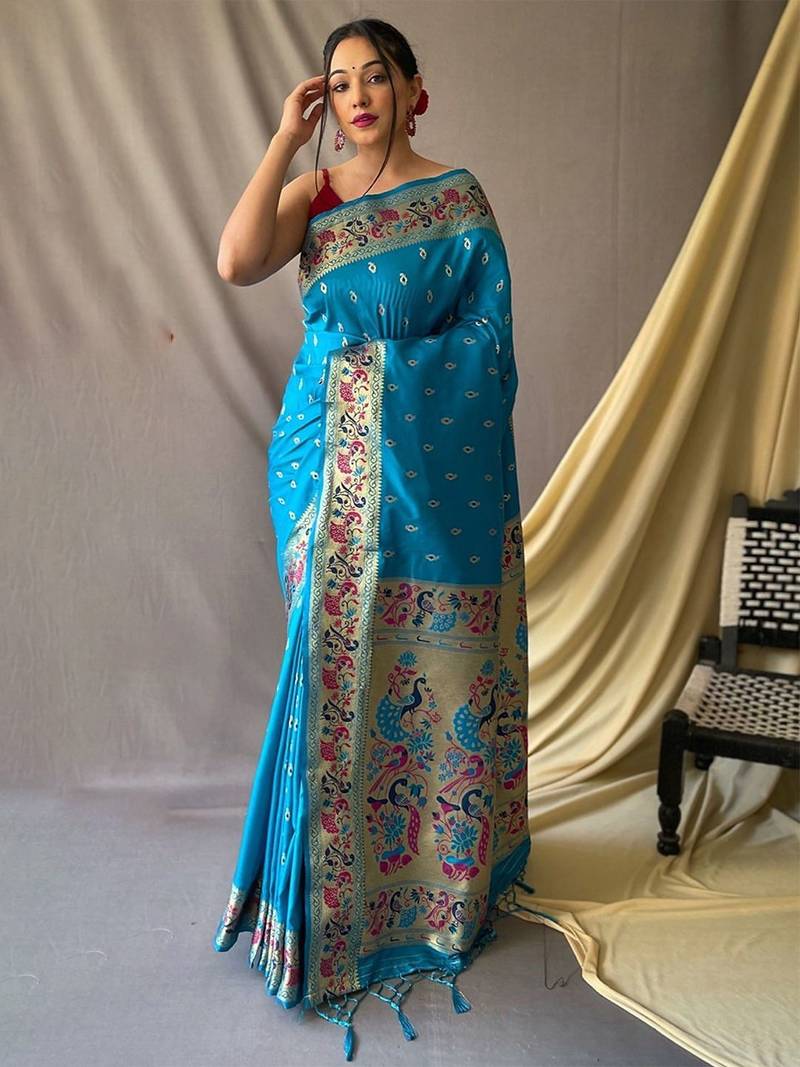 Blue woven design zari paithani saree