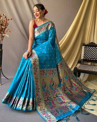 Blue woven design zari paithani saree 2