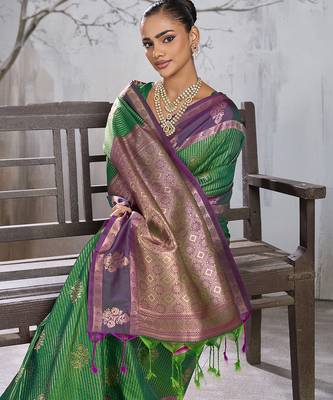 green banarasi silk blend sari with purple border for women festive wedding traditional party wear 5