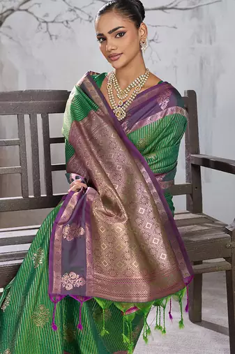 green banarasi silk blend sari with purple border for women festive wedding traditional party wear