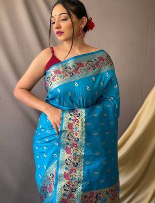 Blue woven design zari paithani saree 3