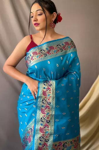 Blue woven design zari paithani saree