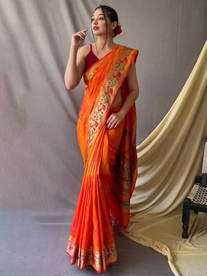 Orange woven design zari paithani saree 1