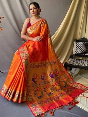 Orange woven design zari paithani saree 2