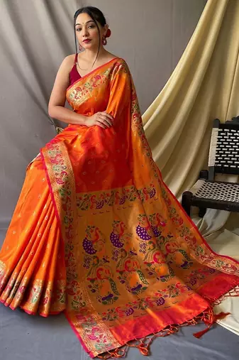 Orange woven design zari paithani saree