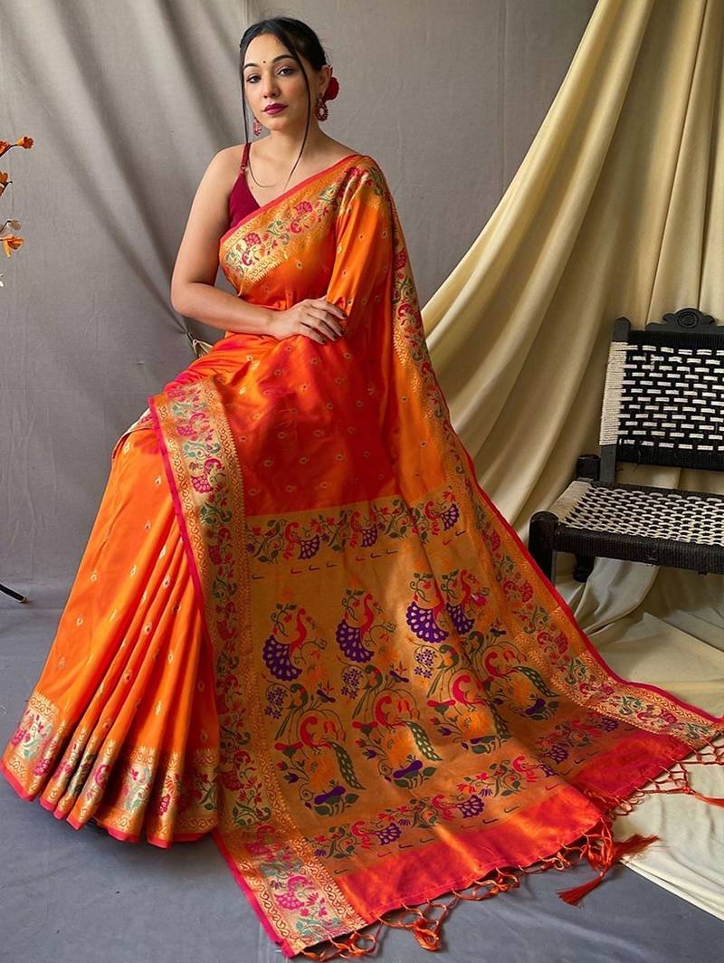 Orange woven design zari paithani saree