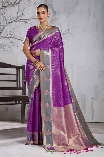purple banarasi silk blend saree with grey border for women festive wedding traditional party wear