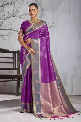 purple banarasi silk blend saree with grey border for women festive wedding traditional party wear