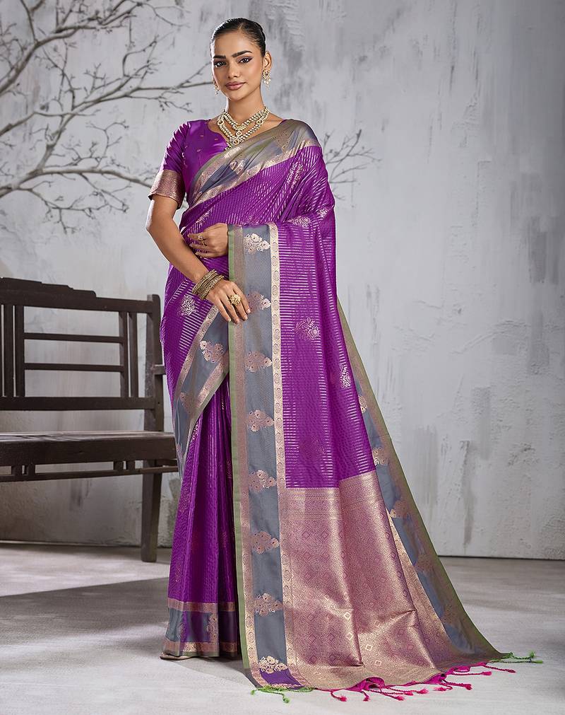purple banarasi silk blend saree with grey border for women festive wedding traditional party wear
