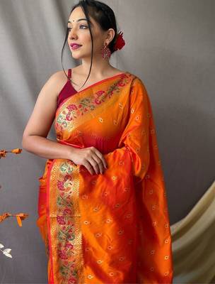 Orange woven design zari paithani saree 3