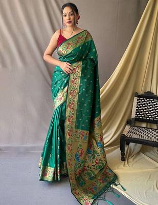 Green woven design zari paithani saree 1