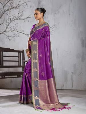 purple banarasi silk blend saree with grey border for women festive wedding traditional party wear 2