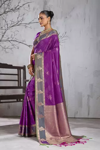 purple banarasi silk blend saree with grey border for women festive wedding traditional party wear