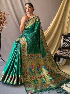 Green woven design zari paithani saree 2