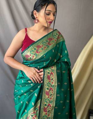 Green woven design zari paithani saree 3