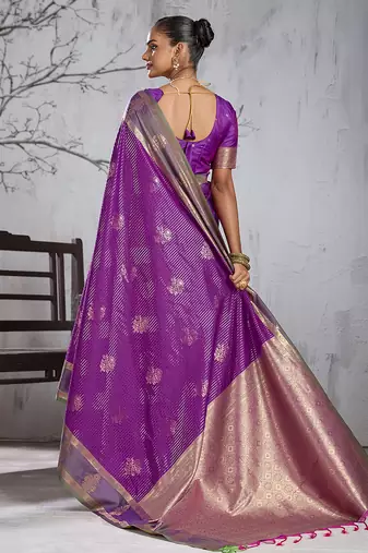 purple banarasi silk blend saree with grey border for women festive wedding traditional party wear