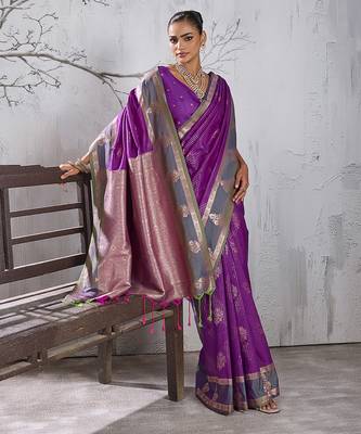 purple banarasi silk blend saree with grey border for women festive wedding traditional party wear 5