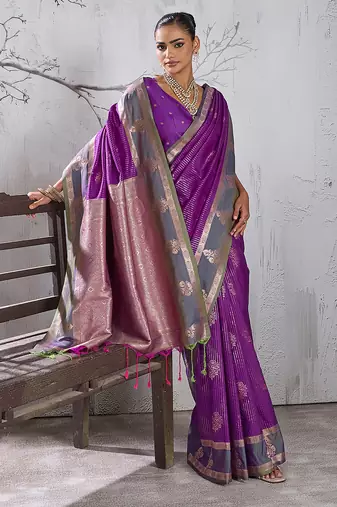 purple banarasi silk blend saree with grey border for women festive wedding traditional party wear