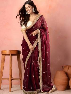Maroon embellished zari tissue heavy work saree 1
