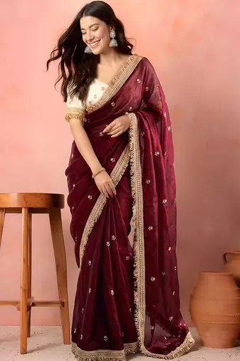 Maroon embellished zari tissue heavy work saree
