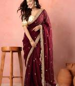Maroon embellished zari tissue heavy work saree