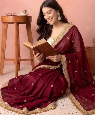 Maroon embellished zari tissue heavy work saree 2