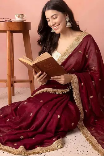 Maroon embellished zari tissue heavy work saree