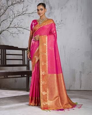 rani pink banarasi silk blend saree with gold border for women festive wedding traditional wear 1
