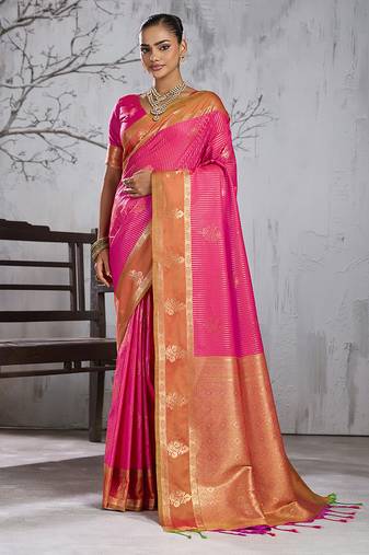 rani pink banarasi silk blend saree with gold border for women festive wedding traditional wear