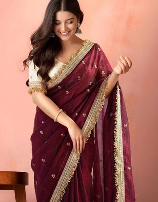 Maroon embellished zari tissue heavy work saree 3