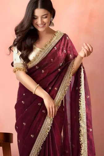 Maroon embellished zari tissue heavy work saree