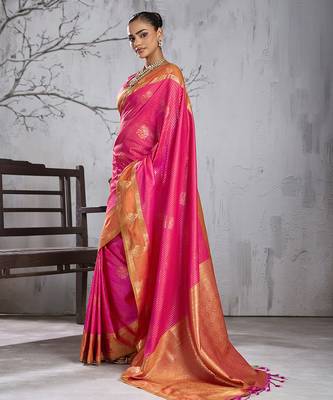 rani pink banarasi silk blend saree with gold border for women festive wedding traditional wear 2