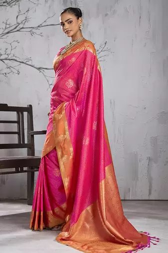 rani pink banarasi silk blend saree with gold border for women festive wedding traditional wear