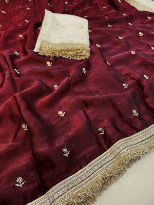 Maroon embellished zari tissue heavy work saree 4