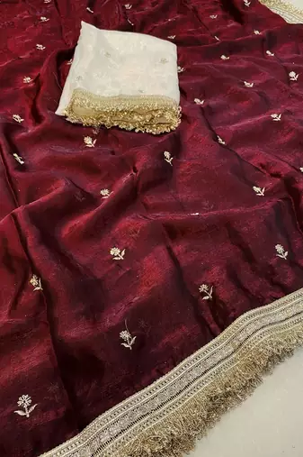 Maroon embellished zari tissue heavy work saree