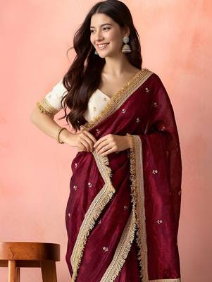 Maroon embellished zari tissue heavy work saree 5