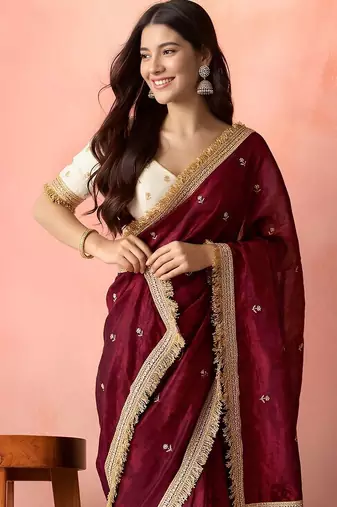 Maroon embellished zari tissue heavy work saree